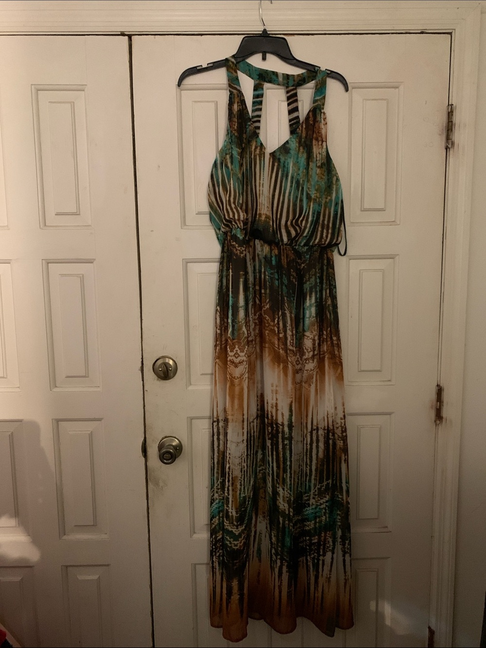 Bisou Bisou Teal and Brown Patterned Halter Maxi Dress